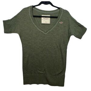 Hollister Womens  V-Neck Short Sleeve Cotton Sweater Size M Olive Green Y2K